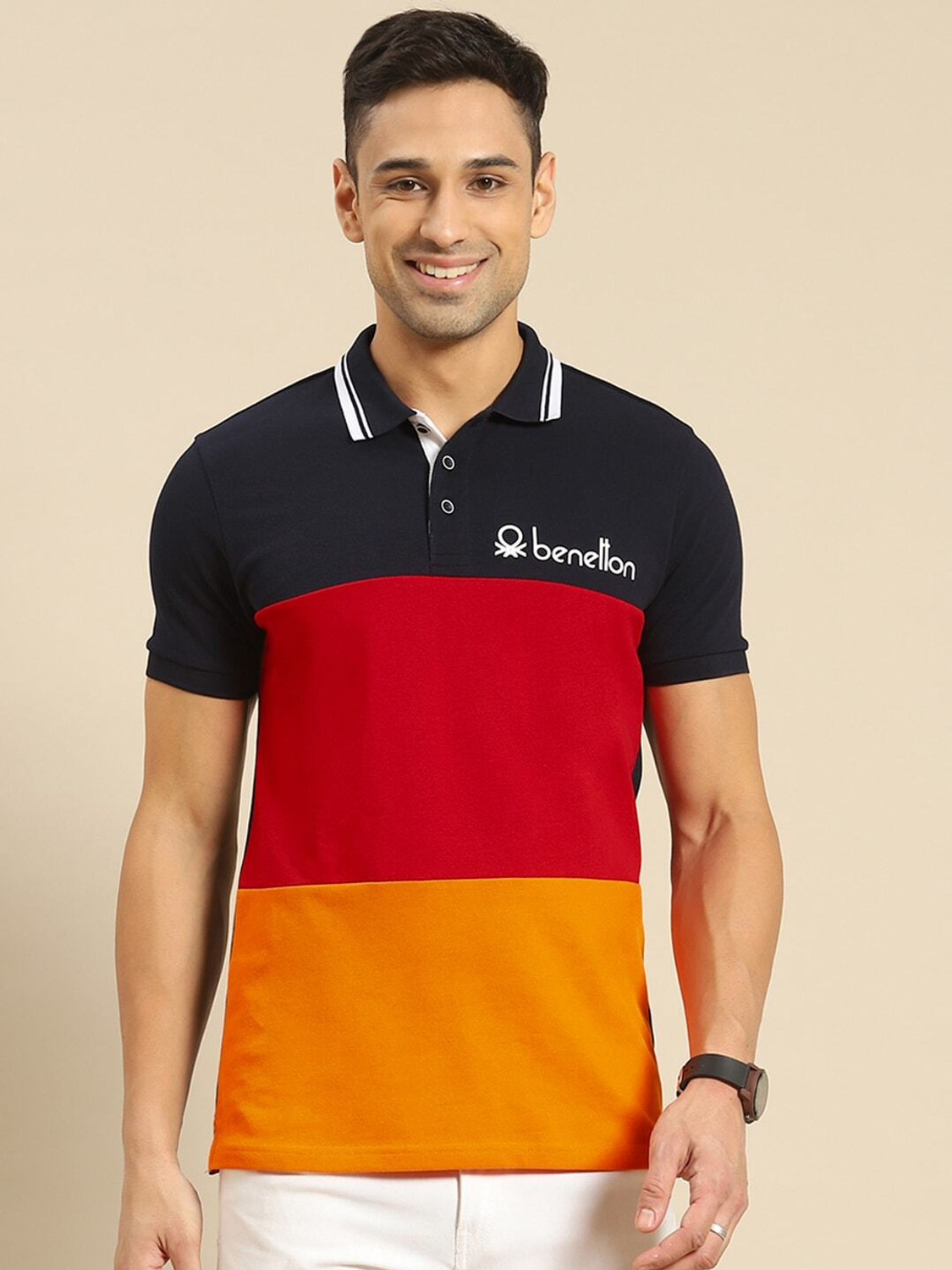 Image of United Colors of Benetton Striped Men Polo Neck Black, Red T-Shirt