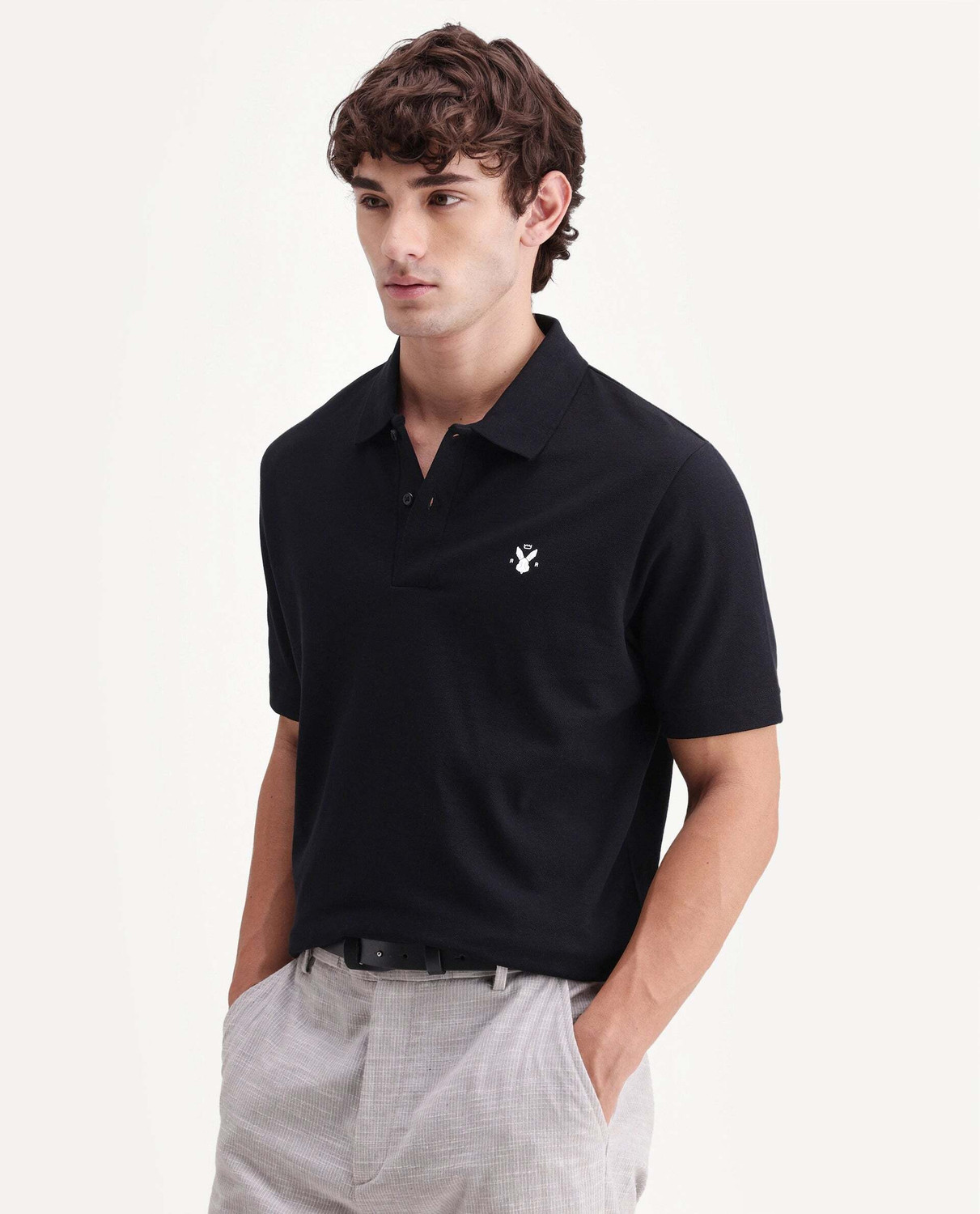 Image of RARE RABBIT Solid Men Polo Neck Black T-Shirt
