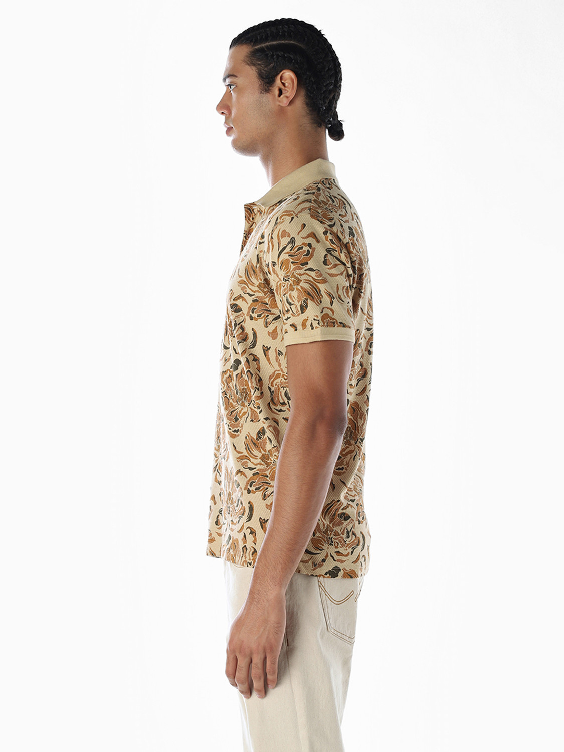 Image of JACK & JONES Men Printed Polo Neck Cotton Blend Beige T-Shirt