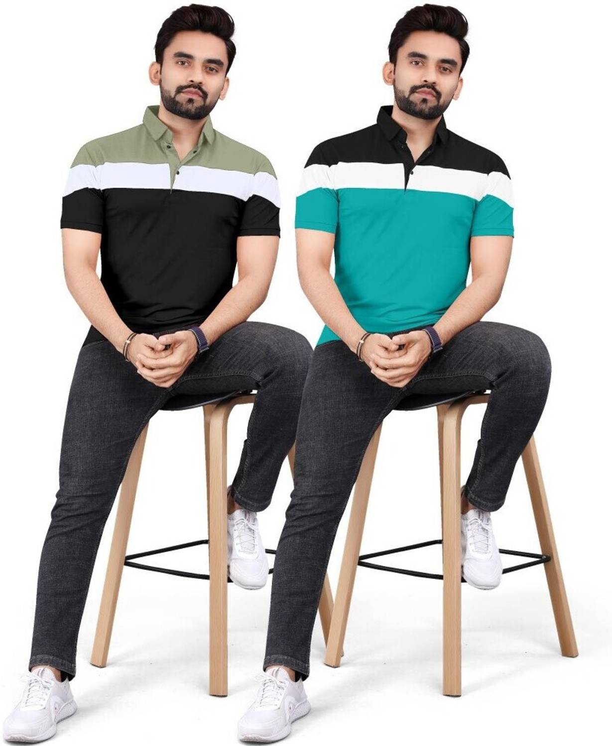 rggarment Pack of 2 Men Colorblock Polo Neck Cotton Blend Black,