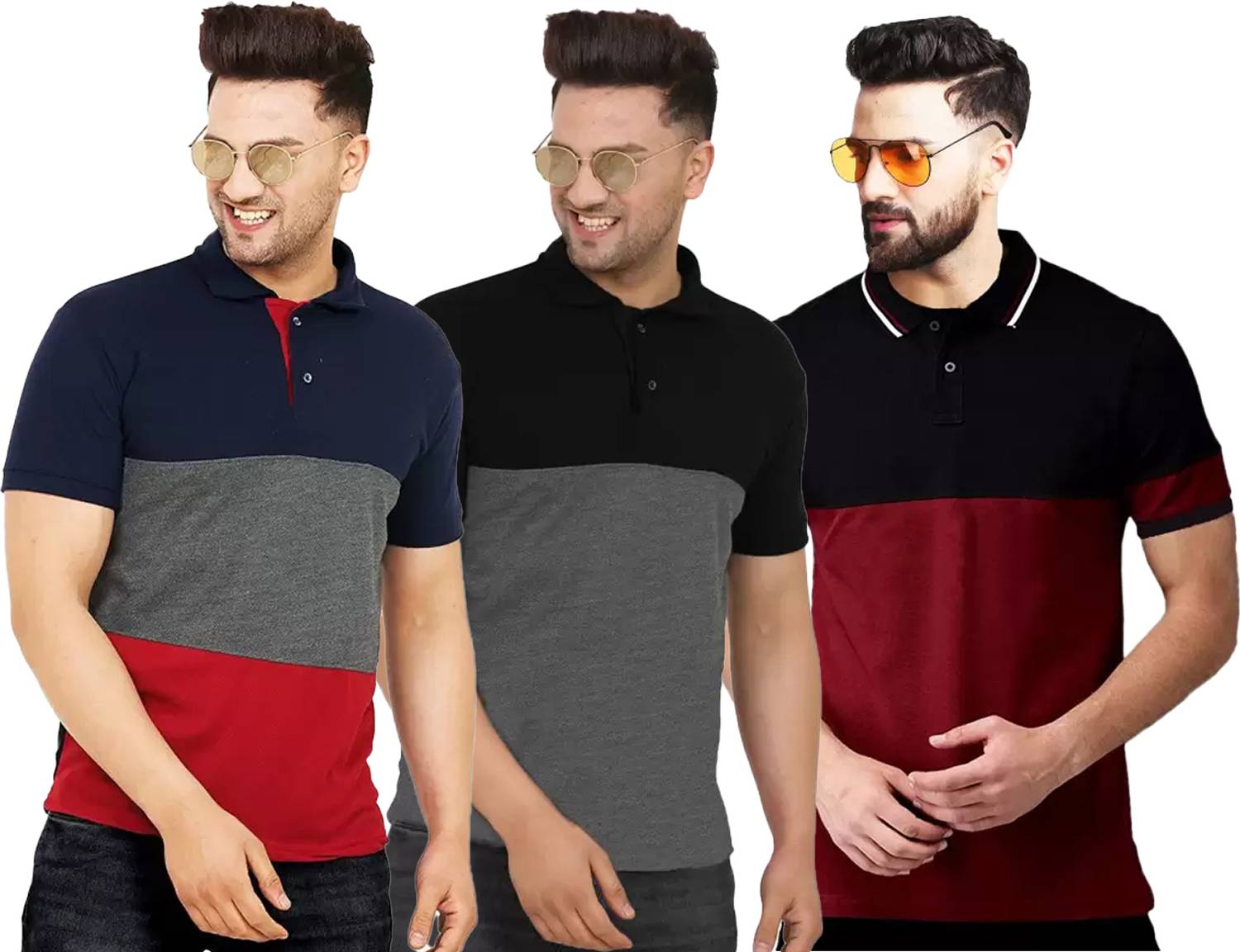 Leotude Men Colorblock Polo Neck Cotton Blend Multicolor T-Shirt