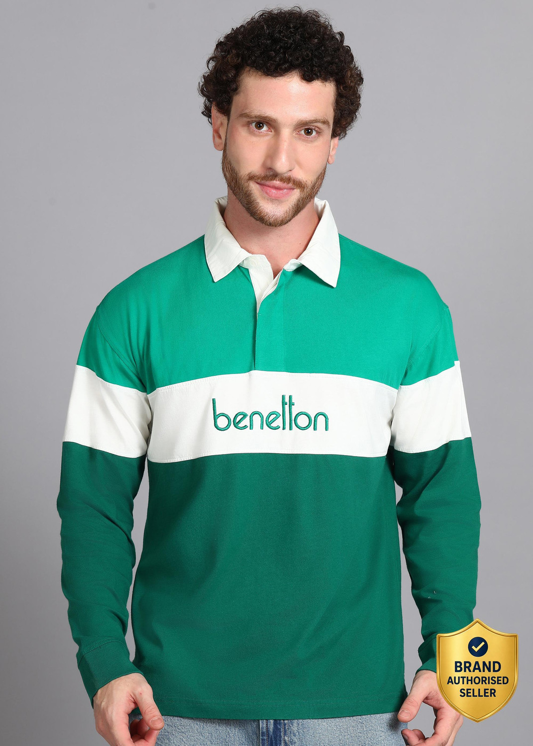 Image of United Colors of Benetton Colorblock Men Polo Neck Green, White T-Shirt
