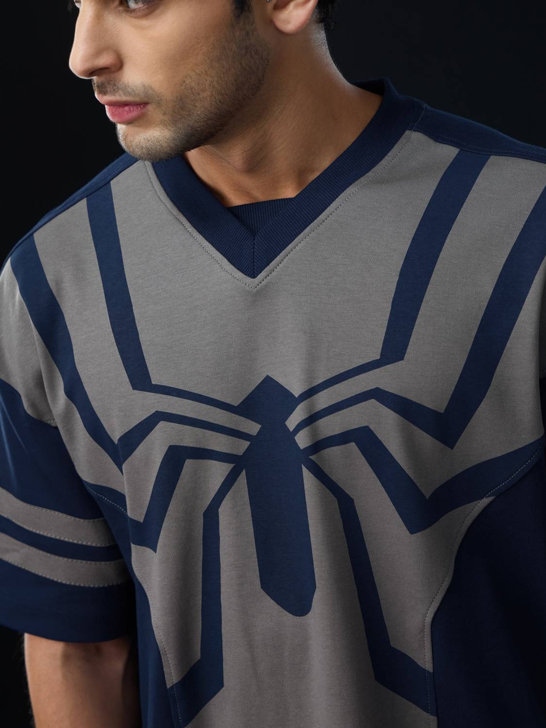 The Souled Store Men Navy Blue, Grey V Neck T-Shirt - Image 4