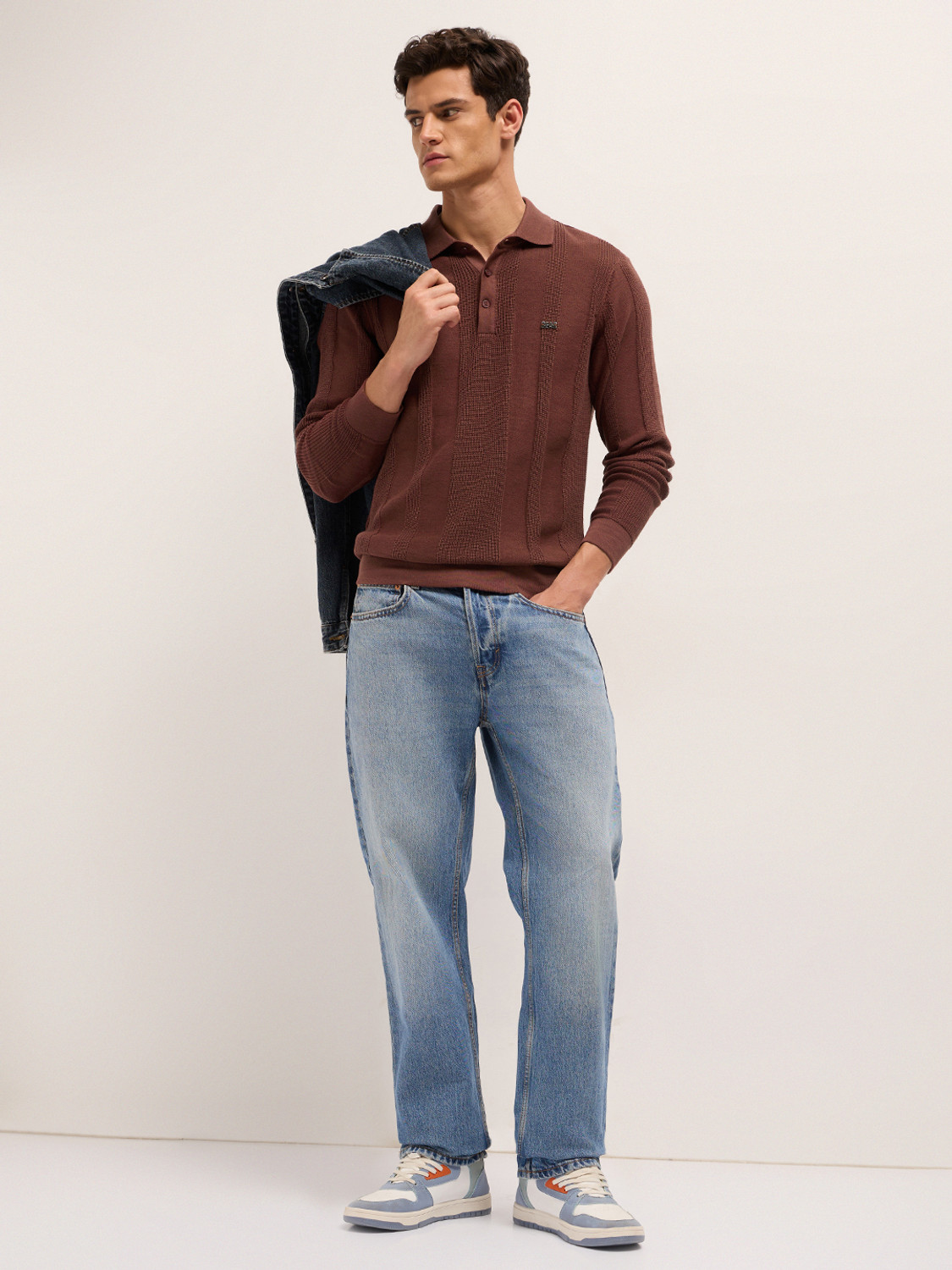 Image of THE BEAR HOUSE Striped Men Polo Neck Brown T-Shirt