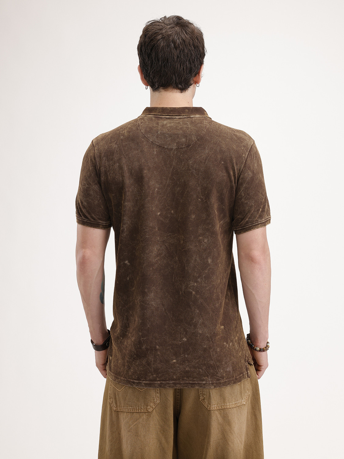 Image of WROGN Washed Men Polo Neck Brown T-Shirt