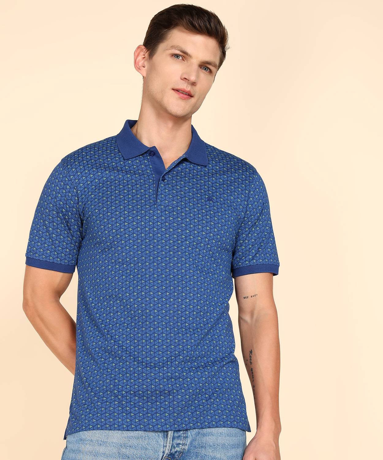 Raymond Men Printed Polo Neck Pure Cotton Dark Blue T-Shirt