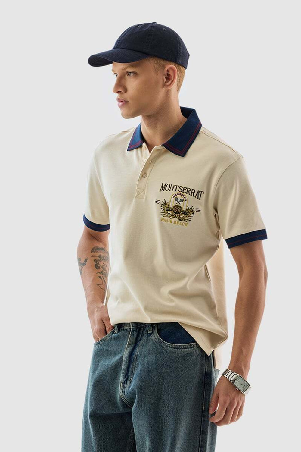 Image of Snitch Embroidered Men Polo Neck Beige T-Shirt