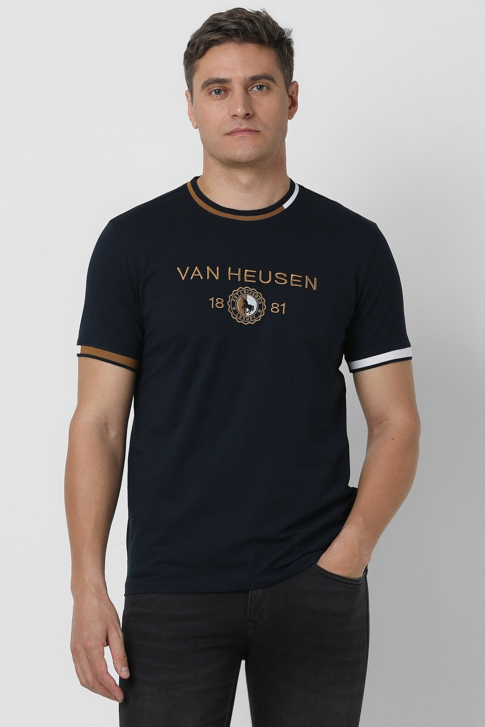 Image of VAN HEUSEN Graphic Print Men Crew Neck Dark Blue T-Shirt