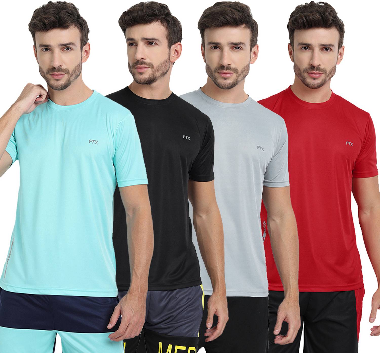 FTX Pack of 4 Men Solid Round Neck Polyester Silver, Light Blue,