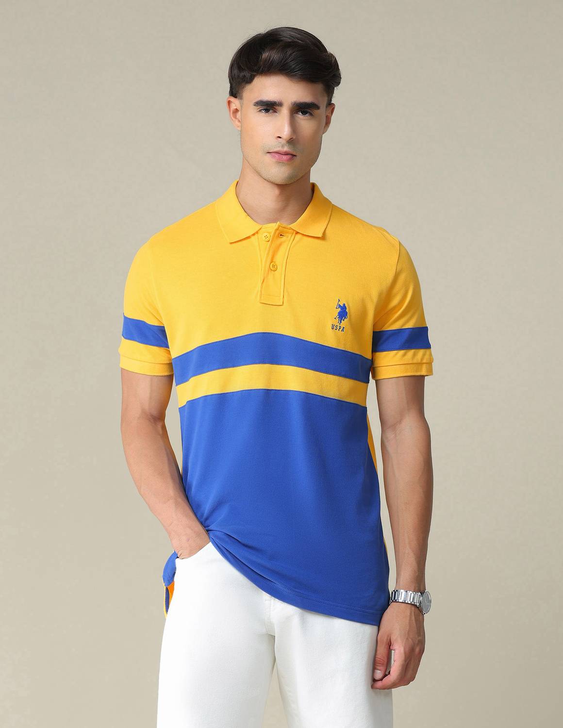 U.S. POLO ASSN. Men Colorblock Polo Neck Pure Cotton Yellow, Dark