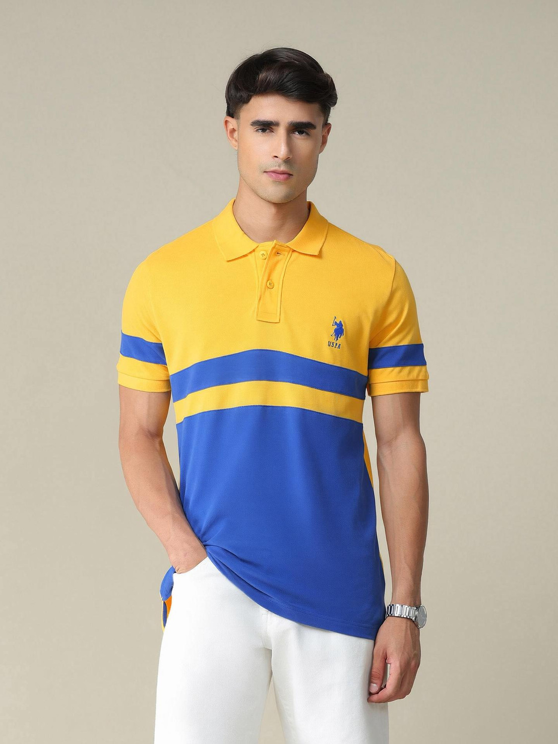Image of U.S. POLO ASSN. Colorblock Men Polo Neck Yellow T-Shirt