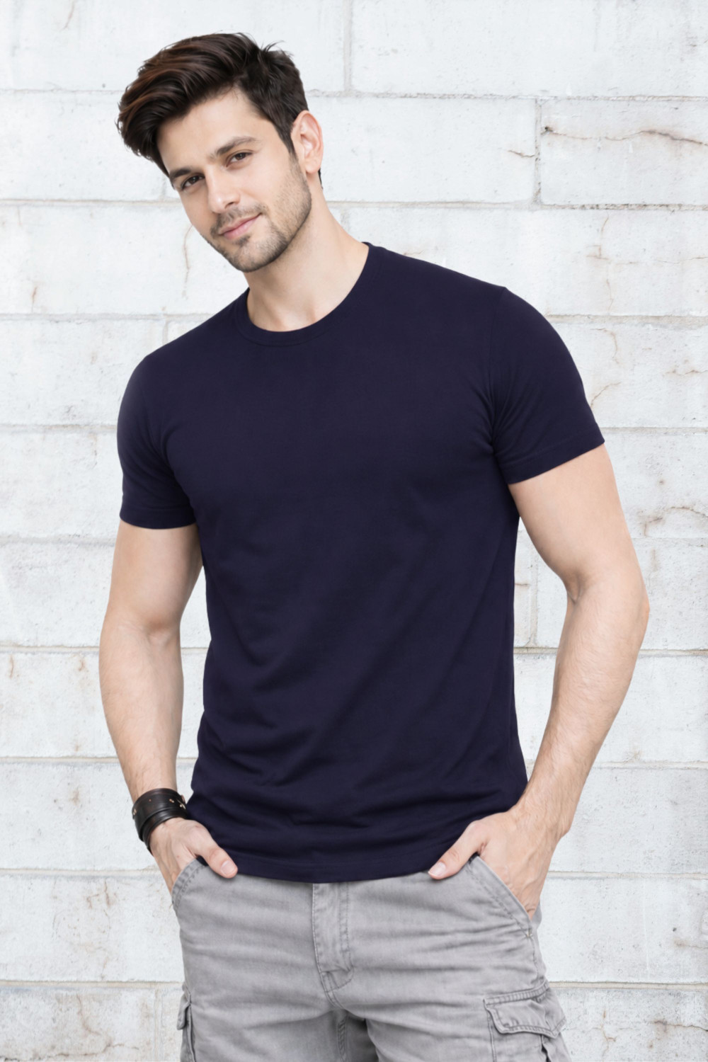 Image of SMARTRIX Solid Men Round Neck Beige, Navy Blue T-Shirt