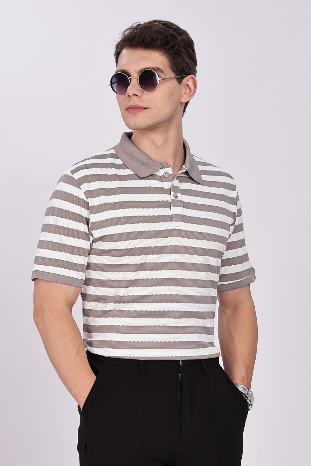Image of Y.O.U - Youth Original Unique Striped Men Polo Neck Grey, White T-Shirt