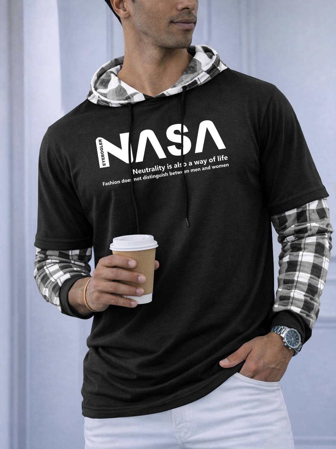 EyeBogler Men Colorblock Hooded Neck Cotton Blend Black T-Shirt