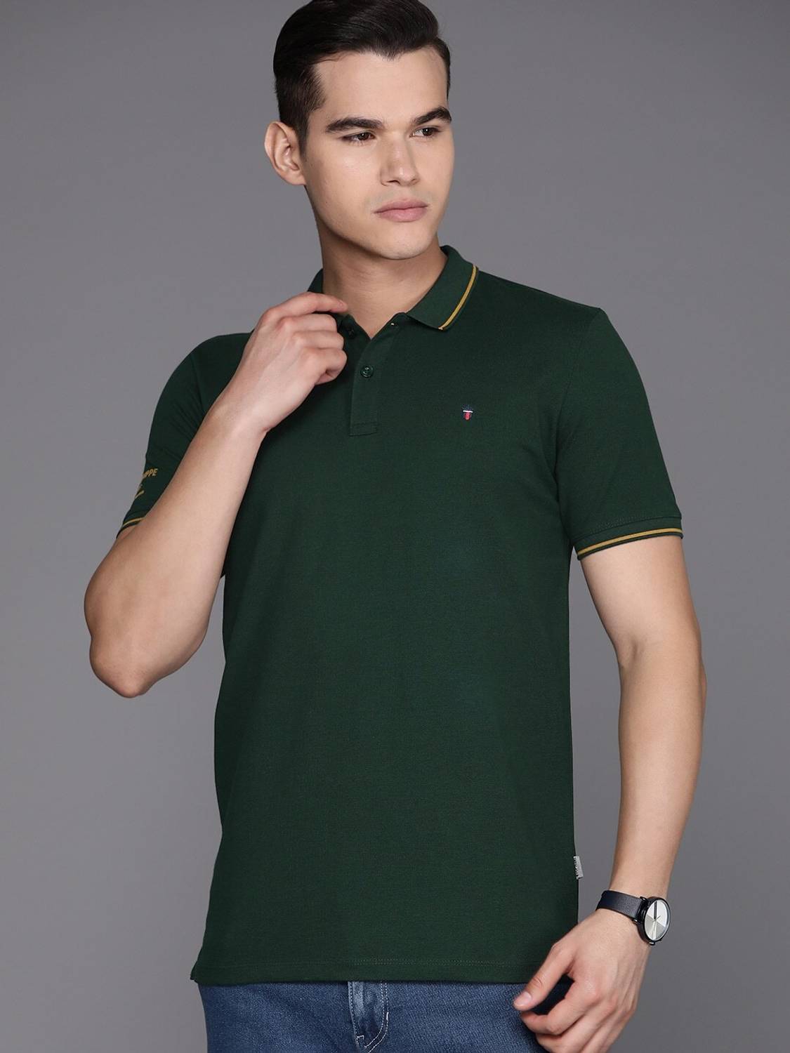 Louis Philippe Jeans Slim Fit Casual Men Solid Polo Neck Pure Cot