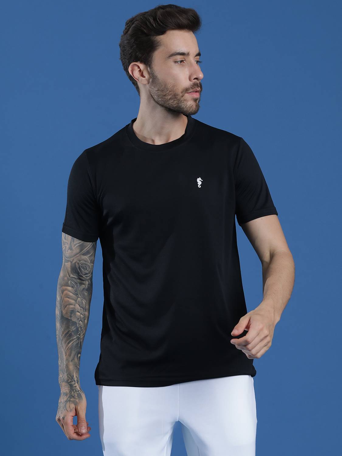 EPPE Black Round Neck Half Sleeve Polyester Dry Fit T-shirt For M
