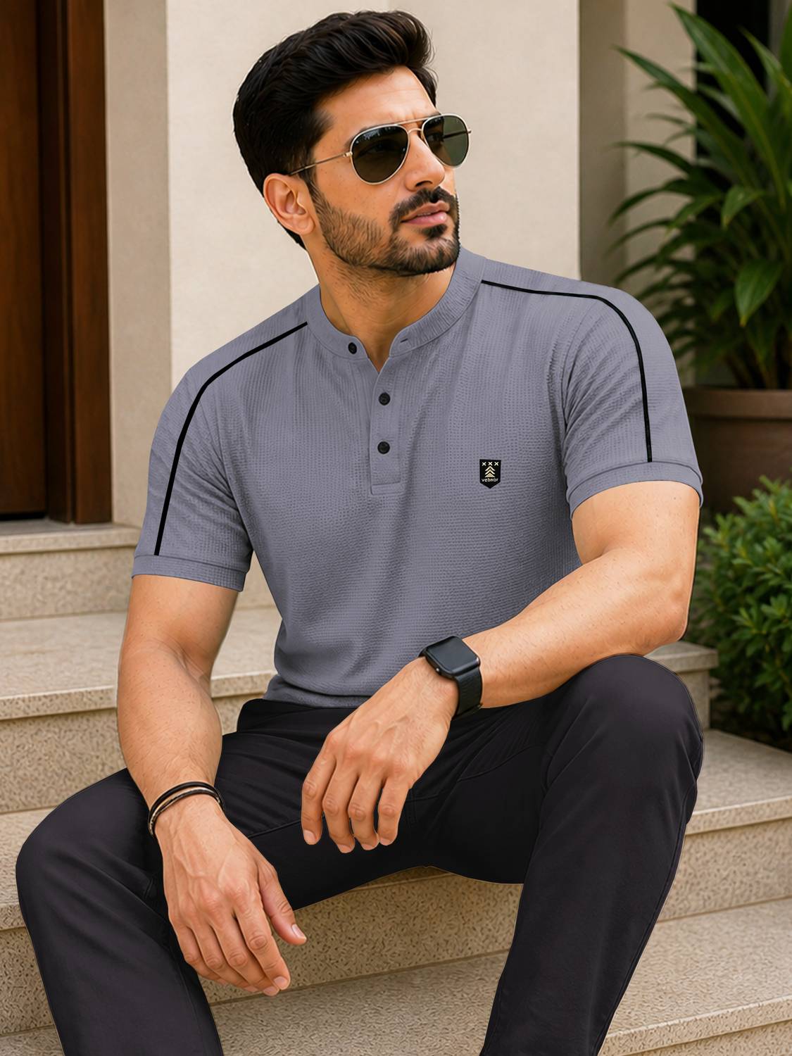 VeBNoR Men Grey Polo Neck T-Shirt - Image 3