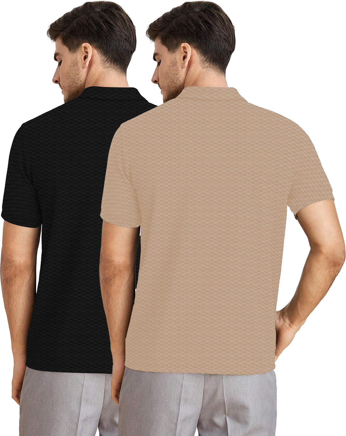 Image of KAJARU Self Design Men Zip Neck Black, Beige T-Shirt
