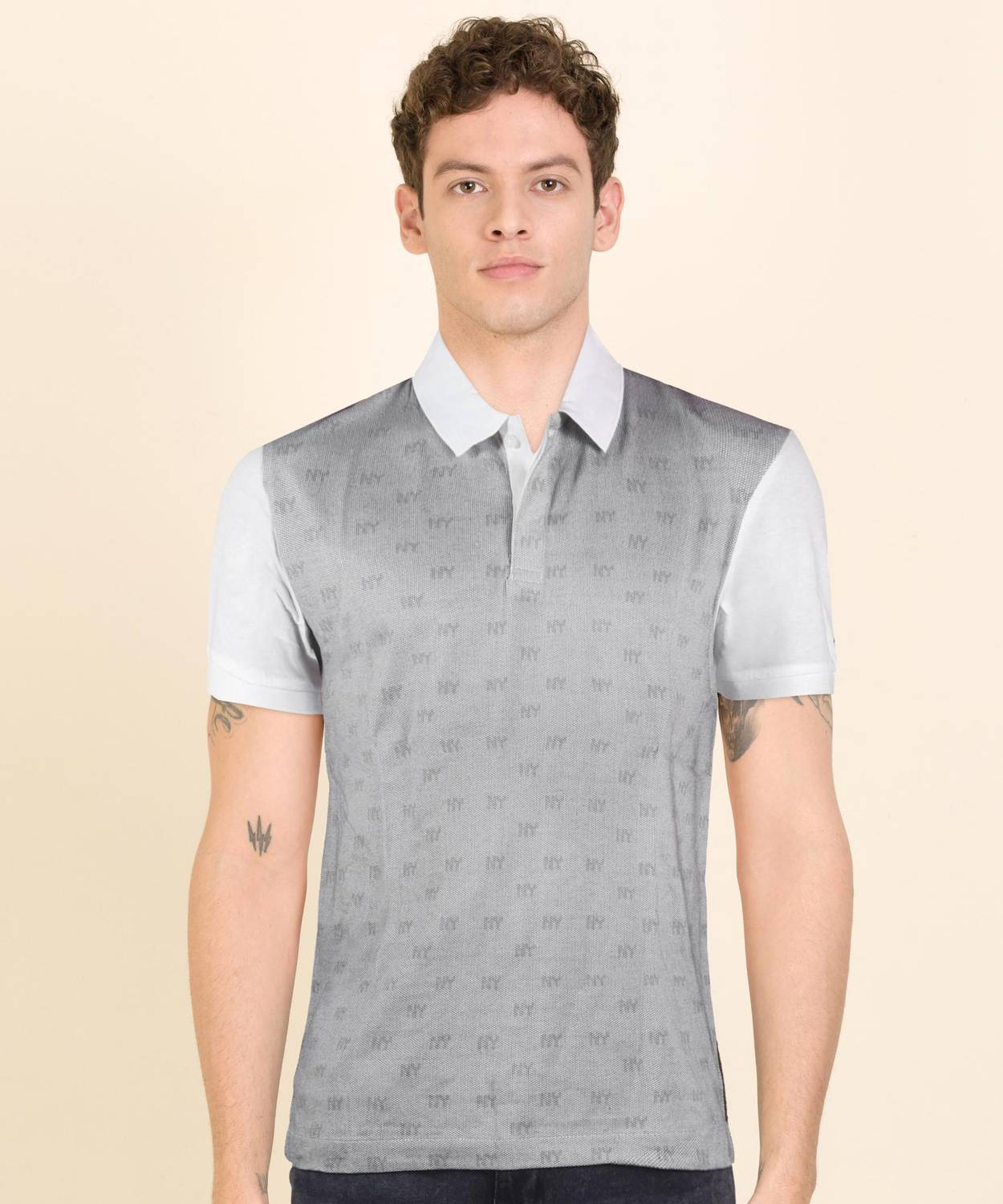 Arrow Newyork Printed Men Polo Neck White, Grey T-Shirt