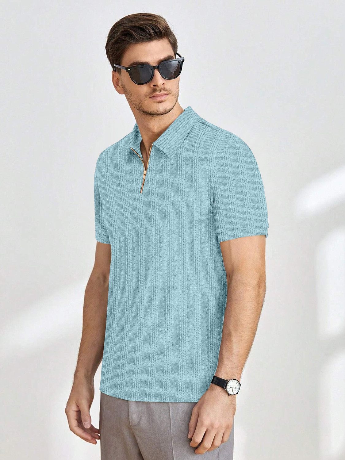 Image of COMBRAIDED Striped Men Zip Neck Light Blue T-Shirt