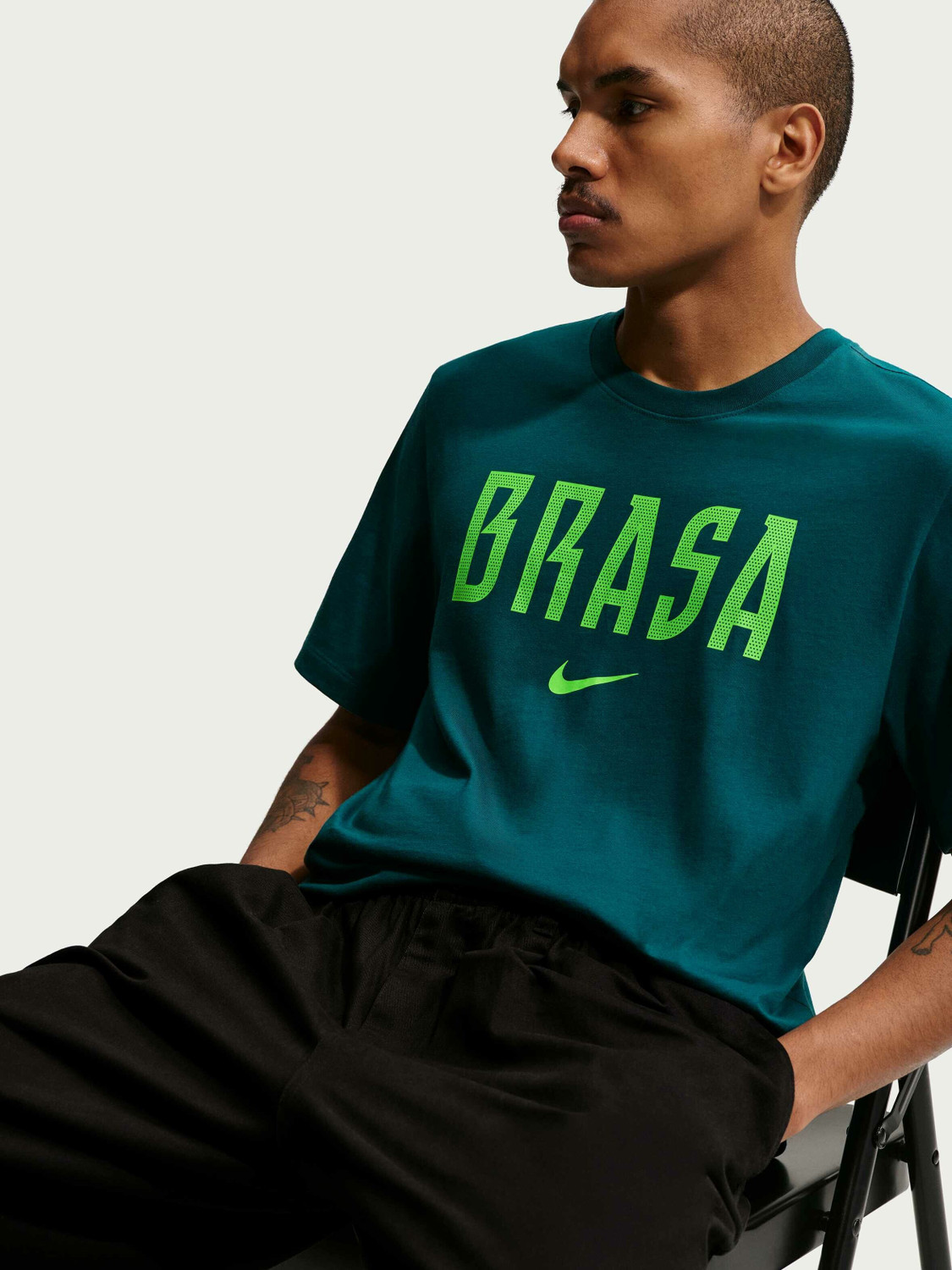 Image of NIKE Official FIFA World Cup Brazil Jersey Men Solid, Typography Crew Neck Pure Cotton Green T-Shirt