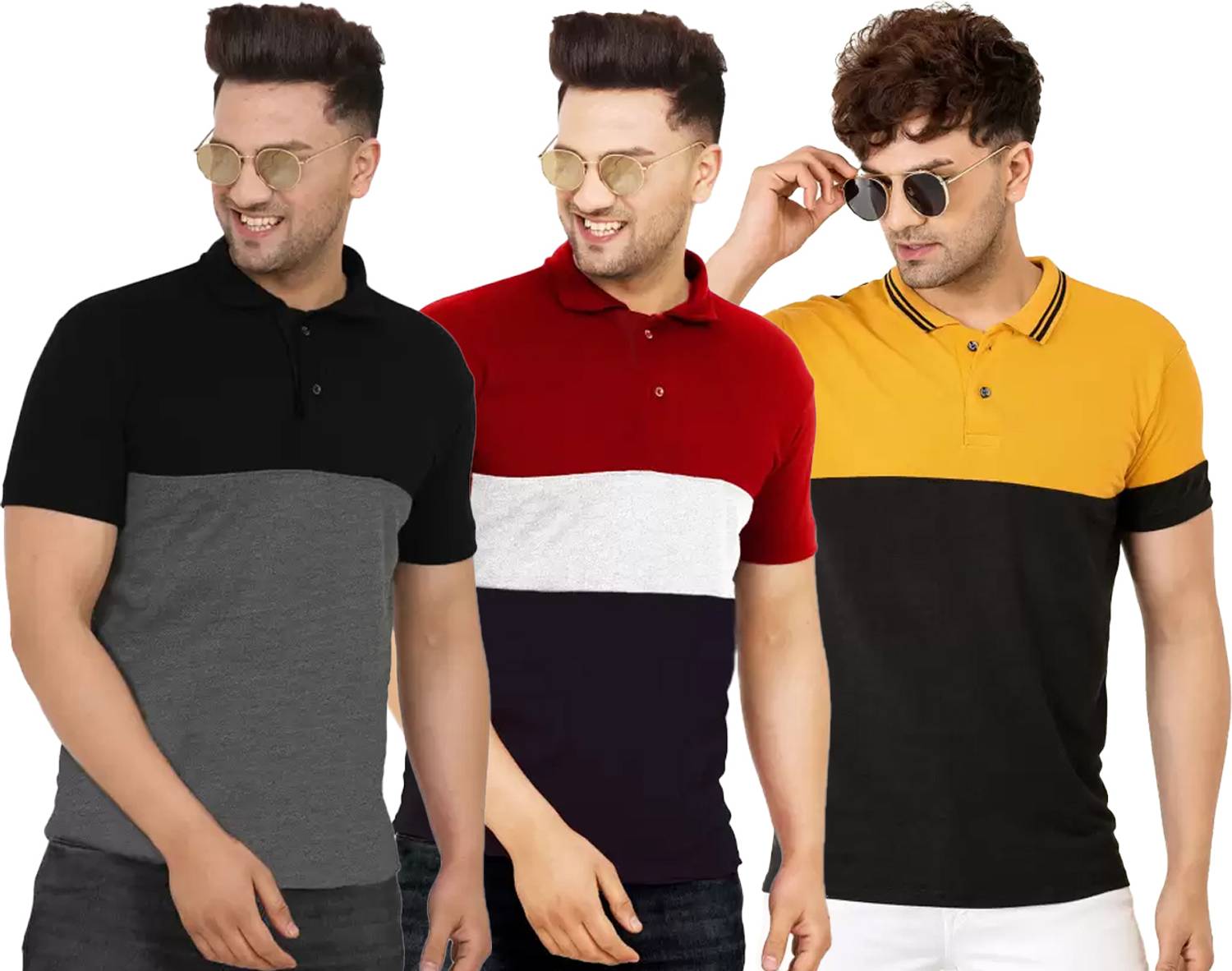 Leotude Men Colorblock Polo Neck Cotton Blend Multicolor T-Shirt