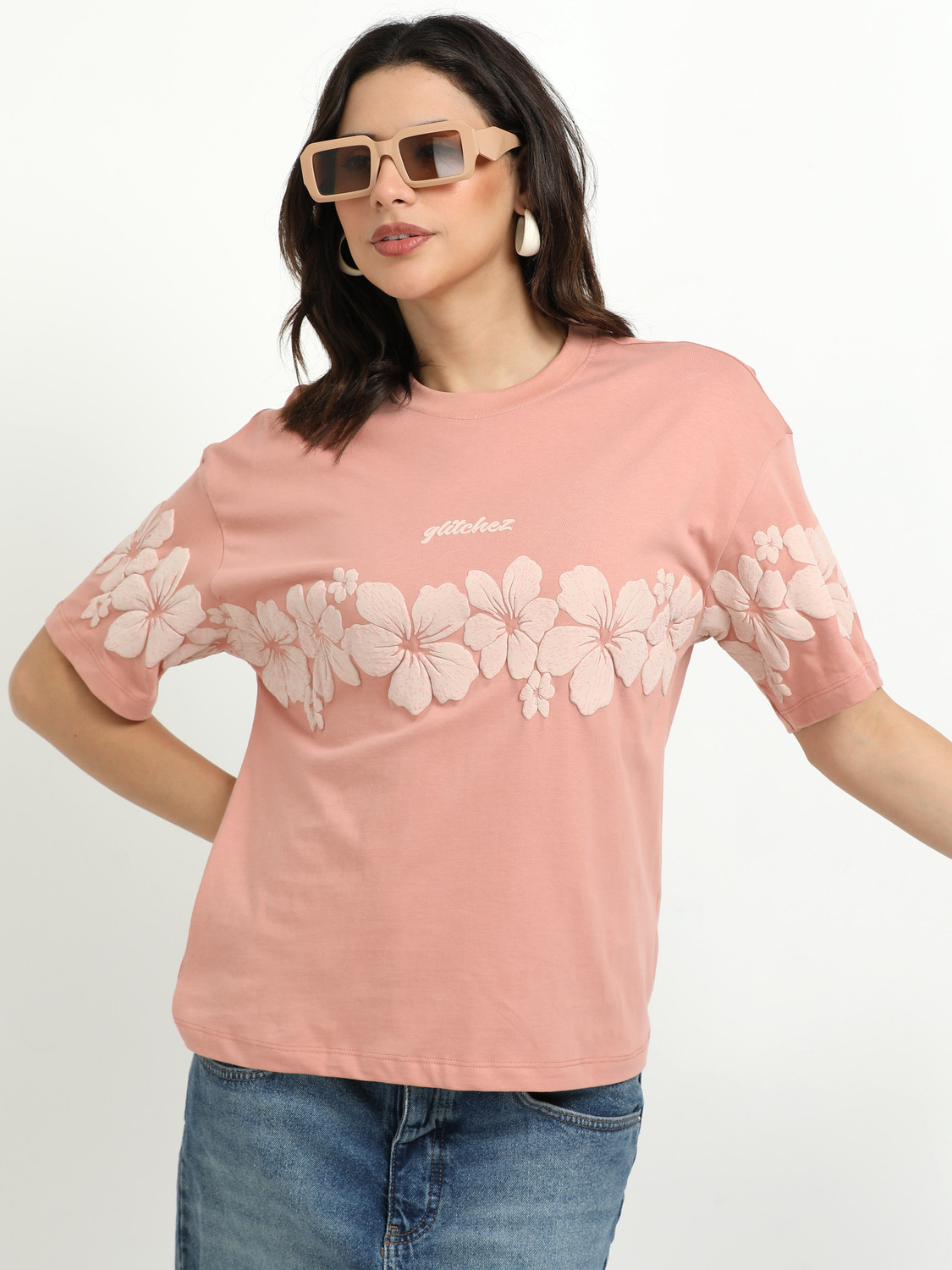 Image of Glitchez Printed Women Round Neck Pink T-Shirt