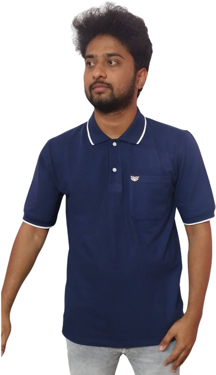 MSMensWear Men Solid Polo Neck Cotton Blend Blue T-Shirt