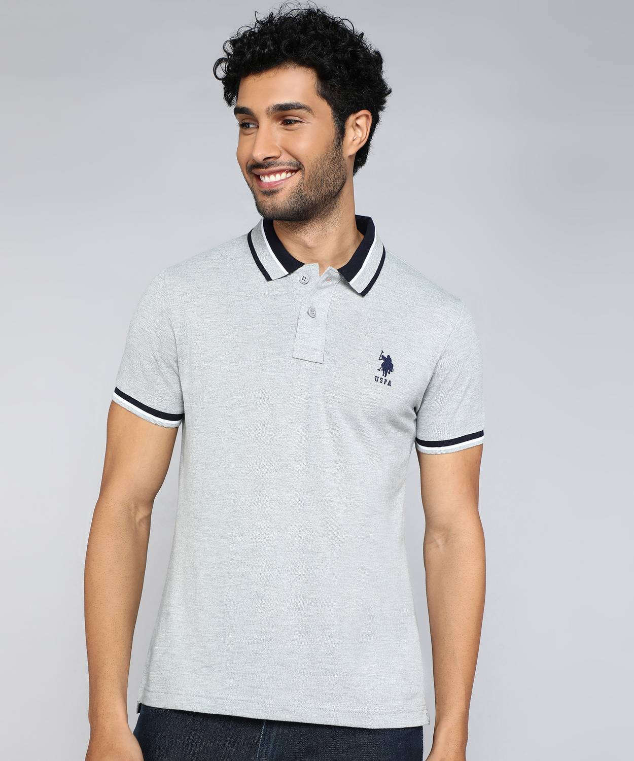 U.S. POLO ASSN. Men Solid Polo Neck Pure Cotton Grey T-Shirt