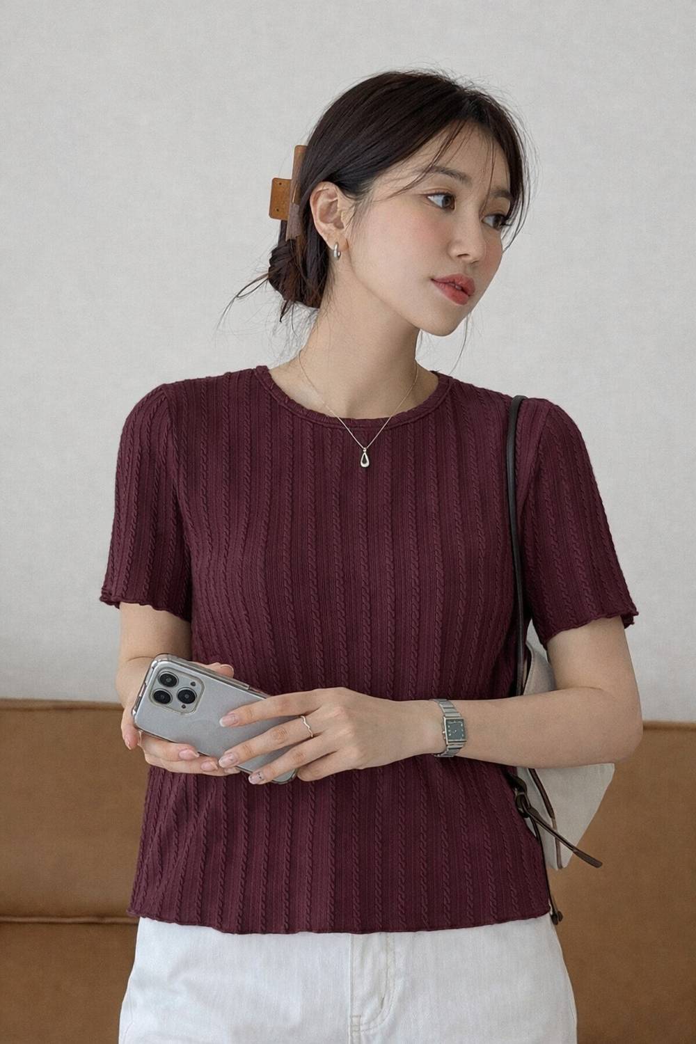 1stLov Self Design Women Round Neck Maroon T-Shirt