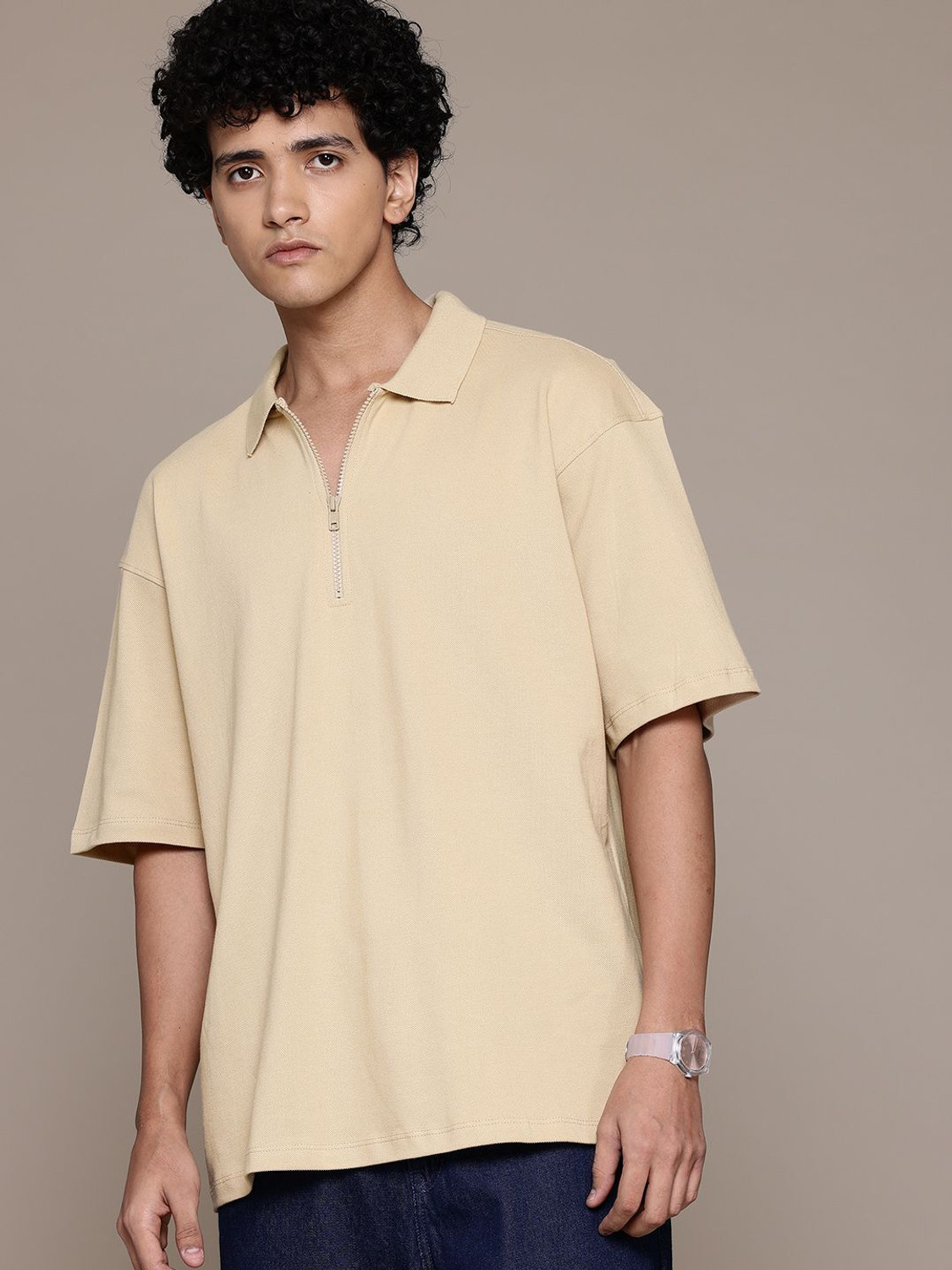Image of Roadster Solid Men Polo Neck Beige T-Shirt