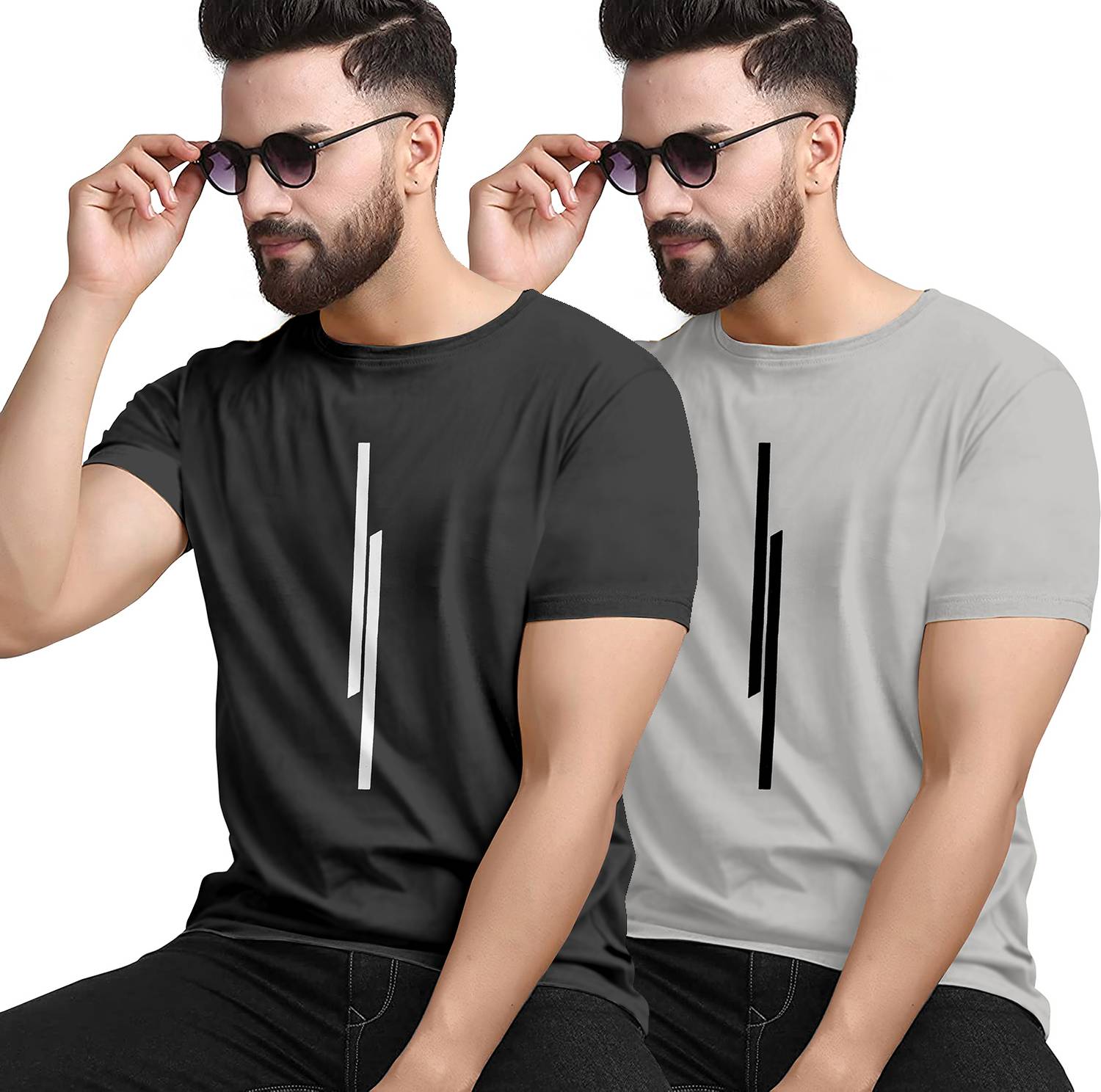 KAJARU Pack of 2 Men Striped Round Neck Polyester Black, Grey T-S