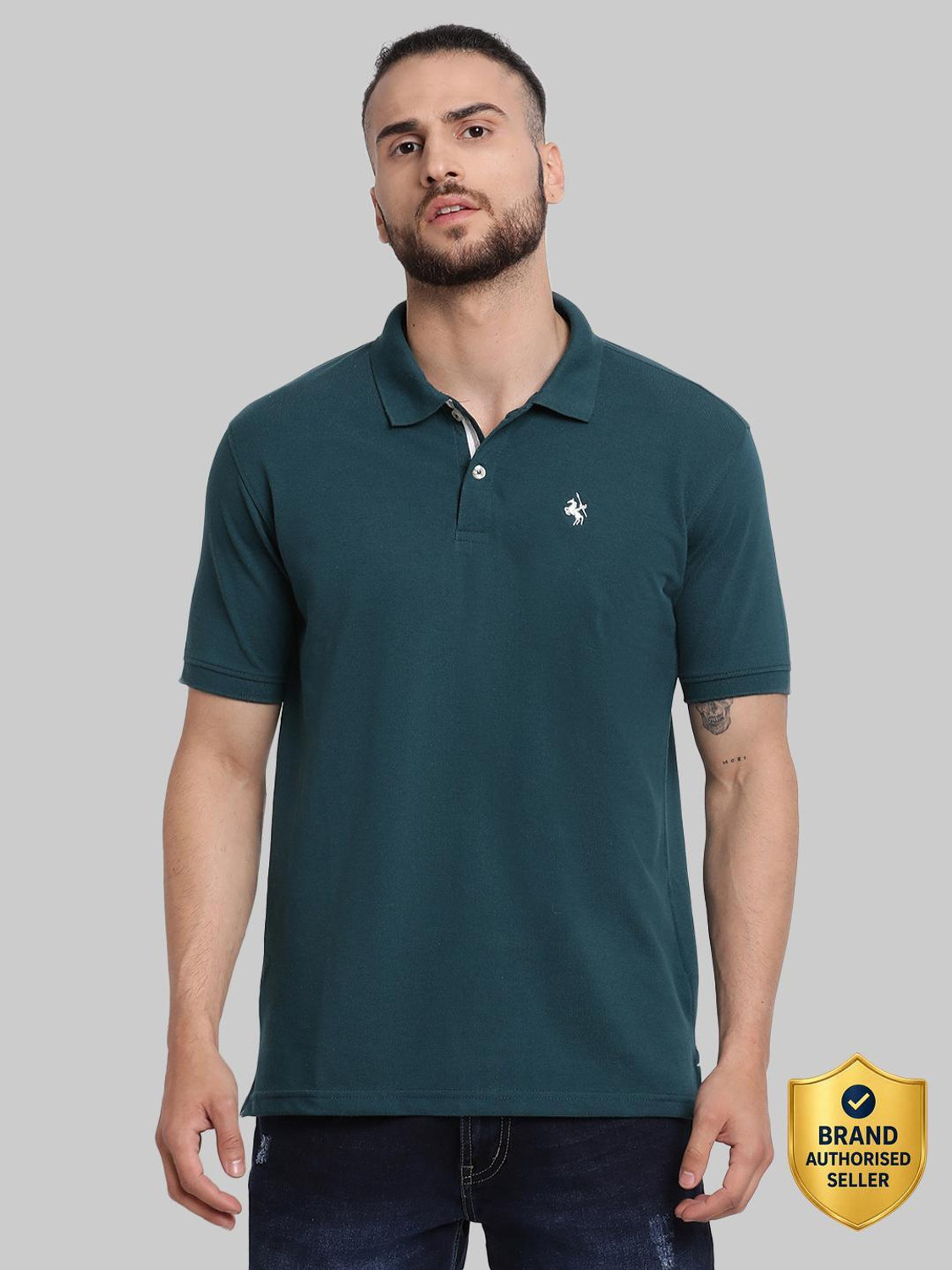 Image of CANTABIL Solid Men Polo Neck Blue T-Shirt