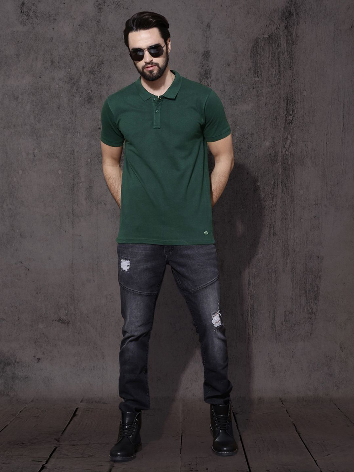 Image of Roadster Solid Men Polo Neck Green T-Shirt