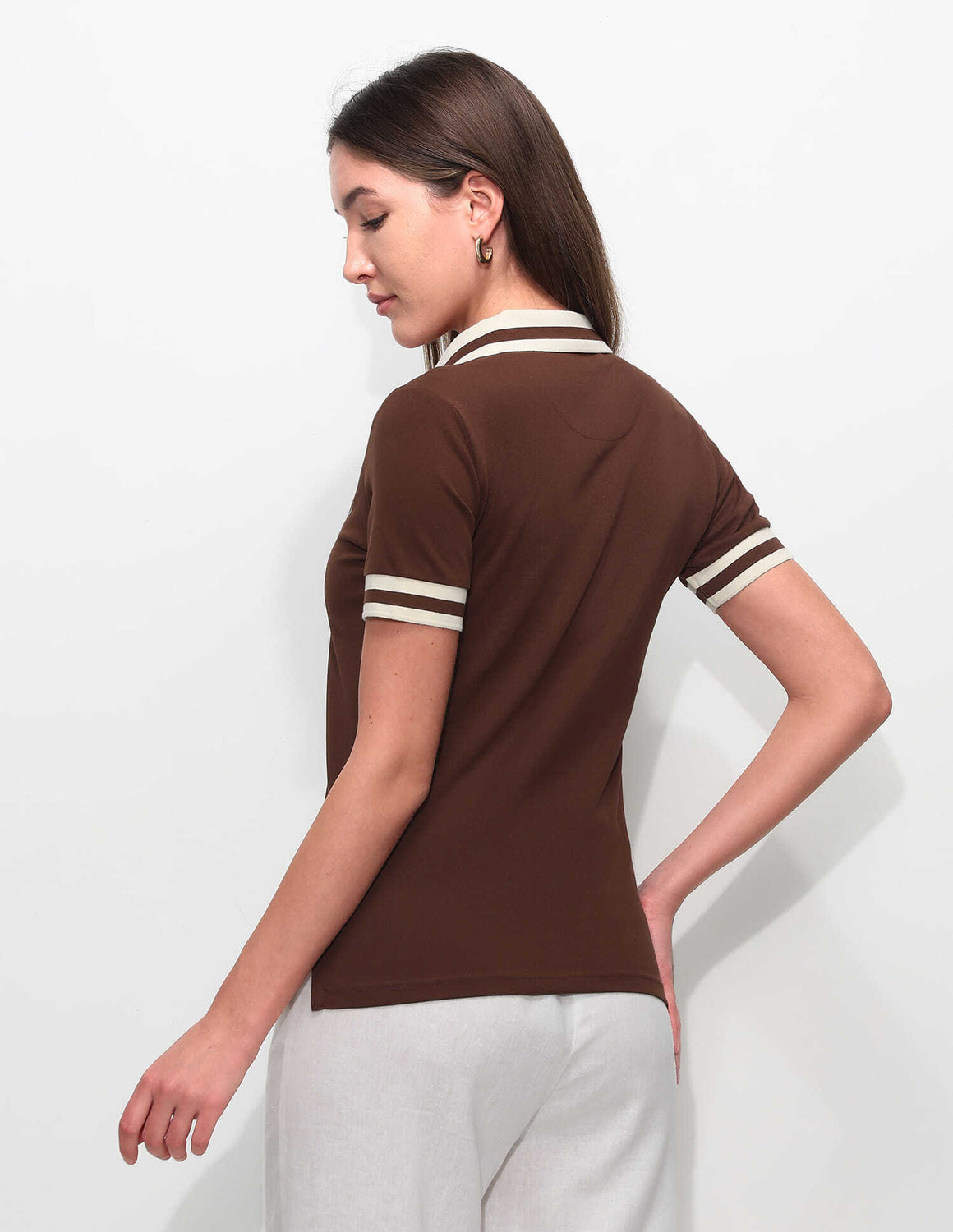 Image of U.S. POLO ASSN. Solid Women Polo Neck Brown T-Shirt