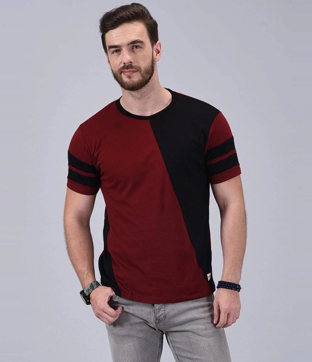 Wrath Men Colorblock Round Neck Pure Cotton Maroon, Black T-Shirt