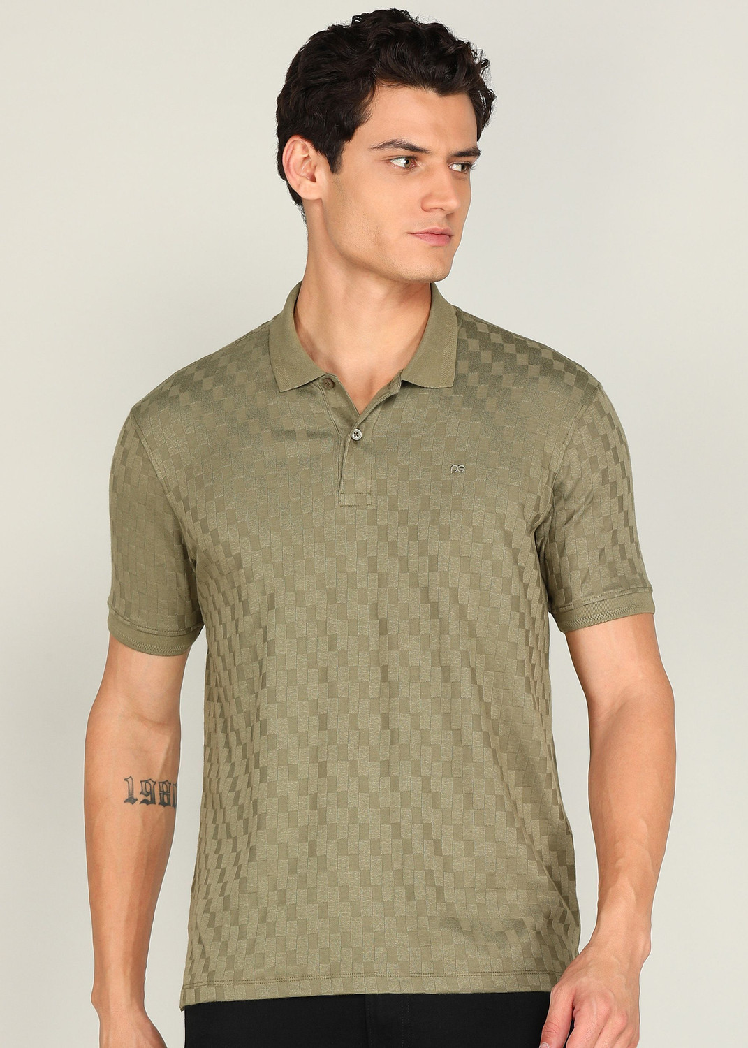 Image of PETER ENGLAND Checkered Men Polo Neck Light Green T-Shirt