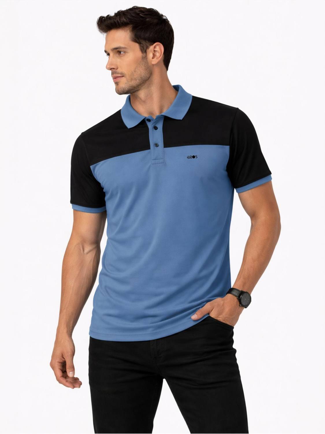 3BROS Colorblock Men Polo Neck Blue T-Shirt