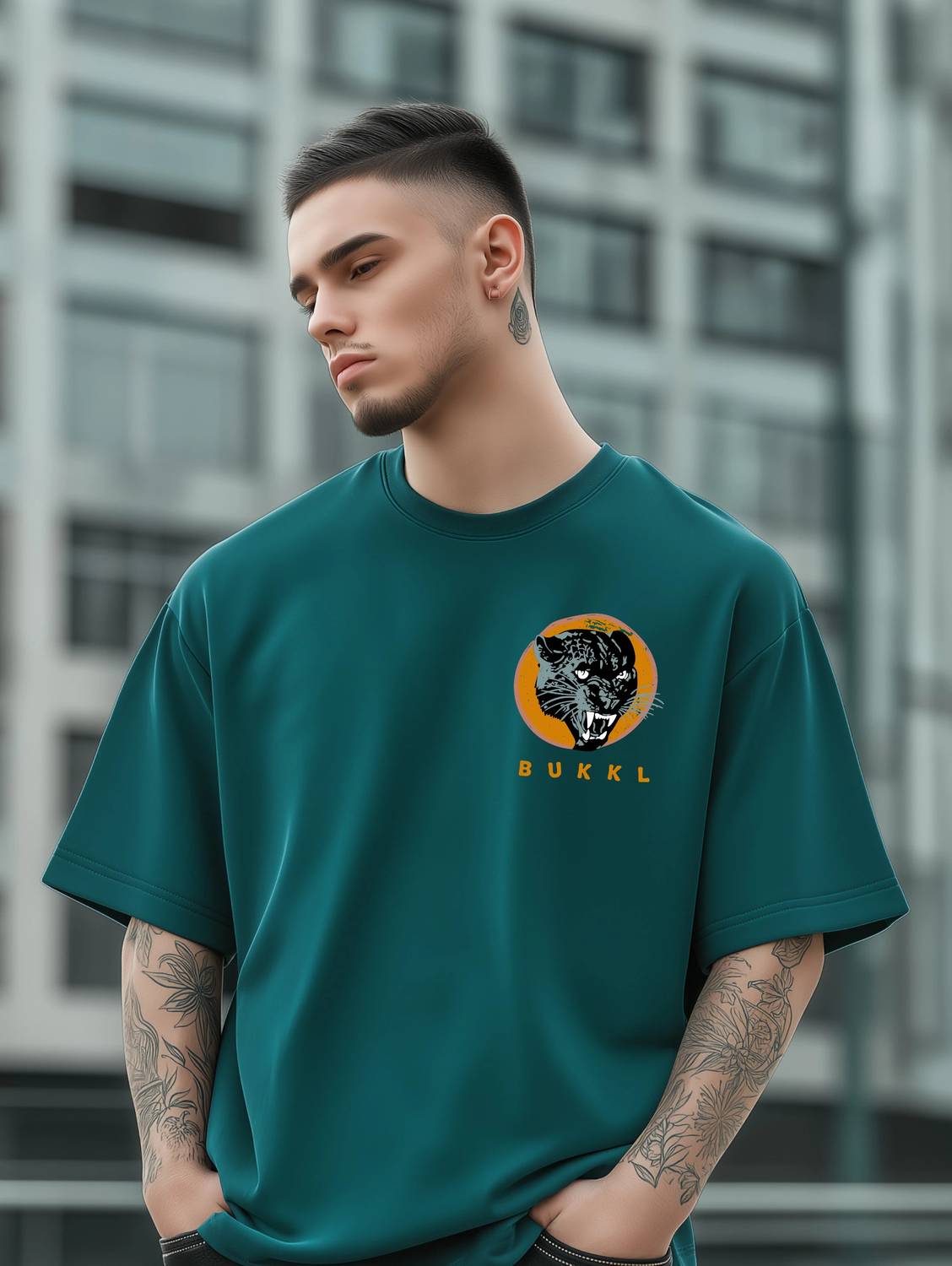 BUKKL Men Printed Round Neck Pure Cotton Green T-Shirt