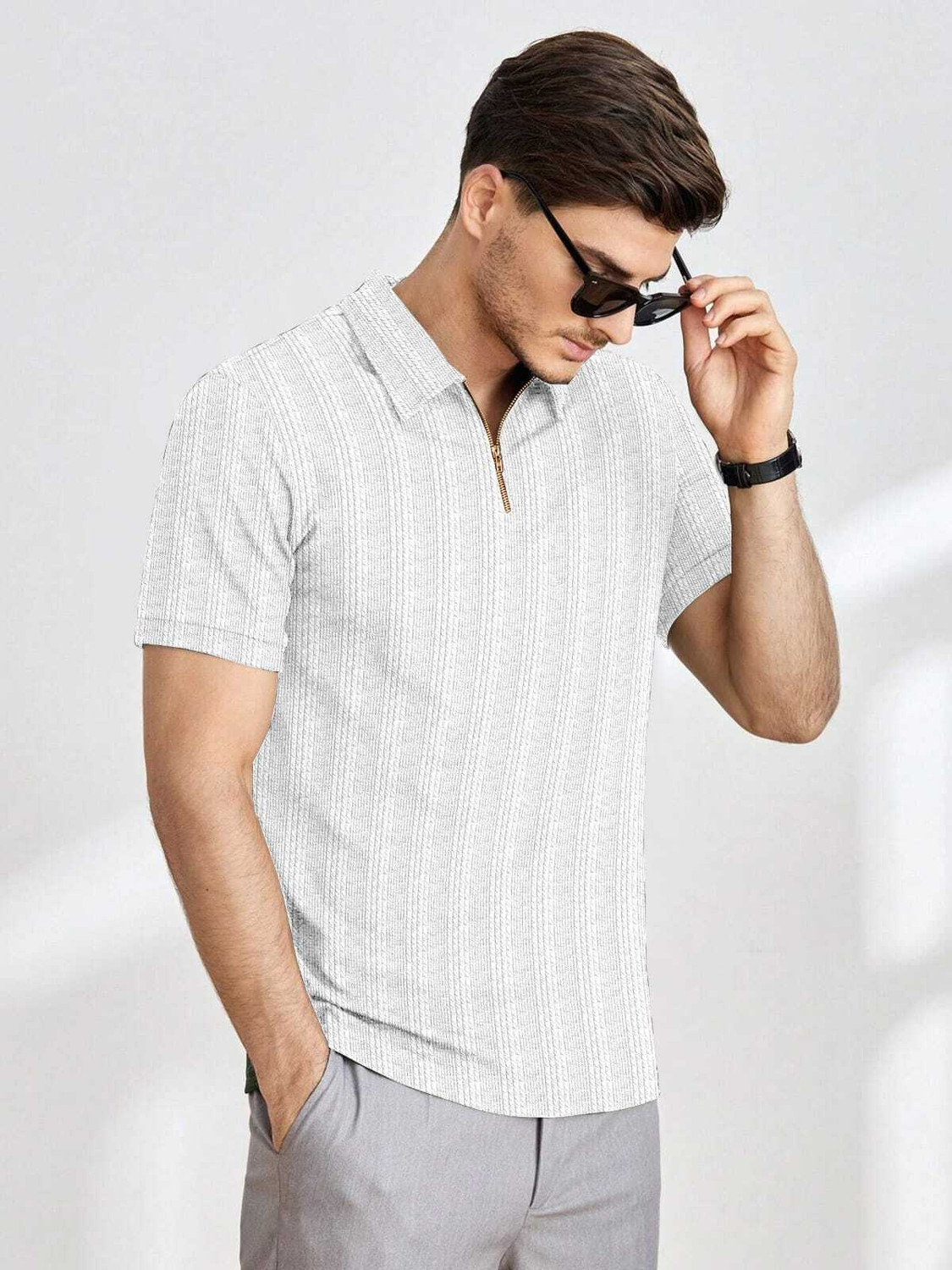 Image of BROWEARS Striped Men Polo Neck White T-Shirt