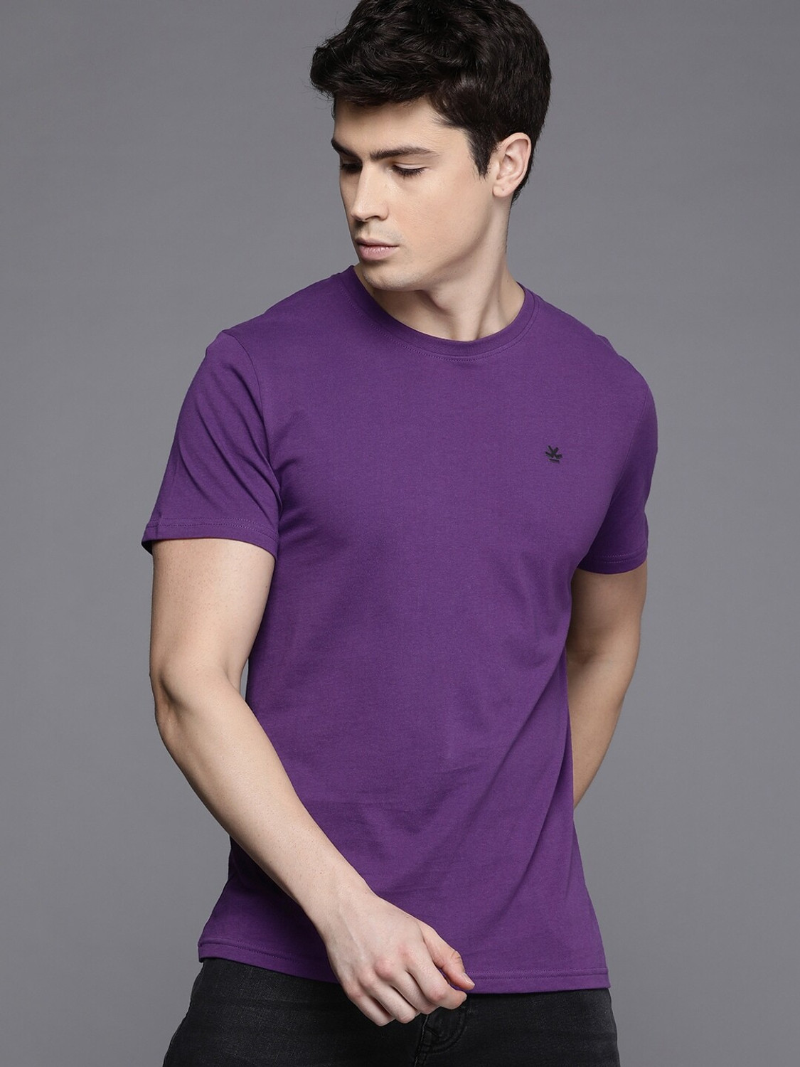 Image of WROGN Solid Men Crew Neck Purple T-Shirt