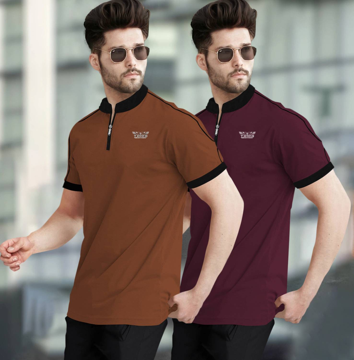 TRIPR Solid Men Mandarin Collar Brown, Maroon T-Shirt - Buy TRIPR