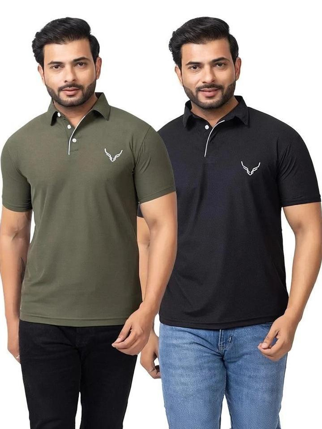 Image of BUFFARO Solid Men Polo Neck Green, Black T-Shirt