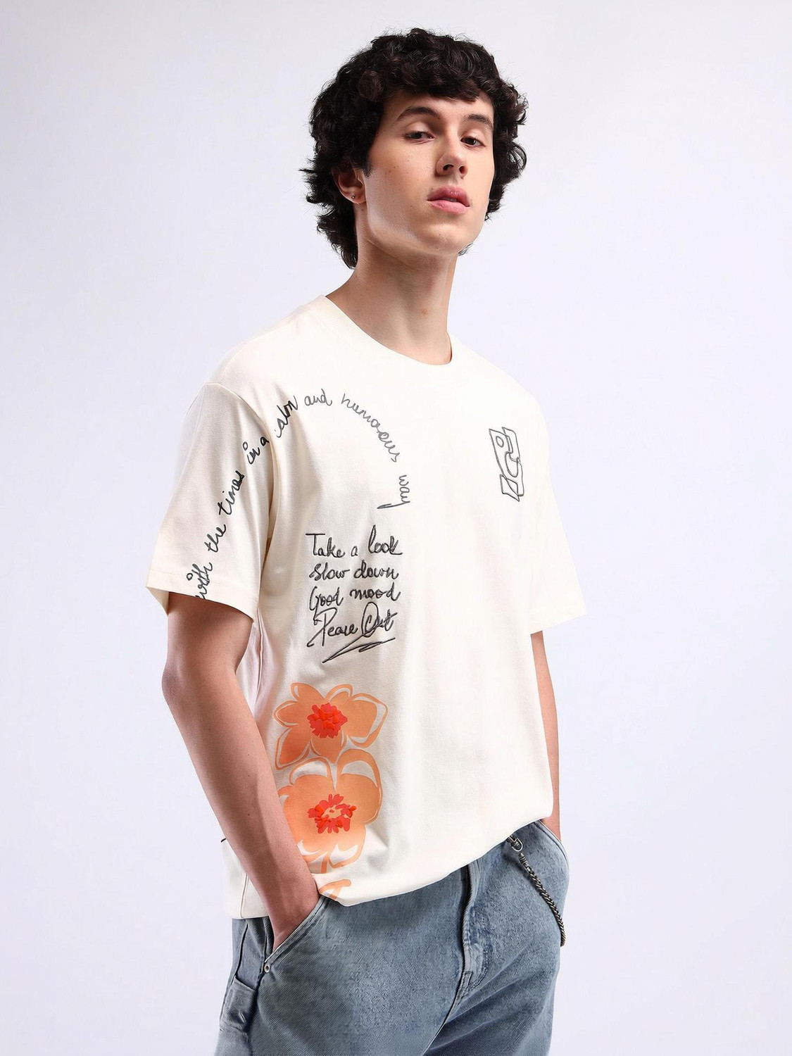 Image of FLYING MACHINE Self Design Men Crew Neck White T-Shirt