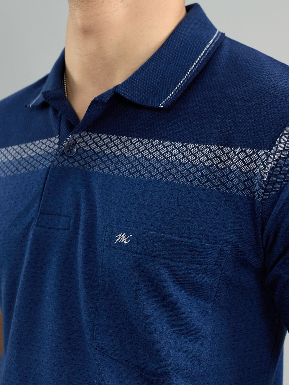 Image of MONTE CARLO Men Striped Polo Neck Cotton Blend Navy Blue T-Shirt