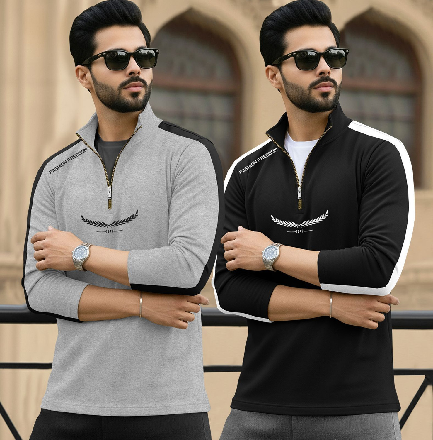 Image of TRIPR Printed Men Henley Neck Grey, Black, White T-Shirt