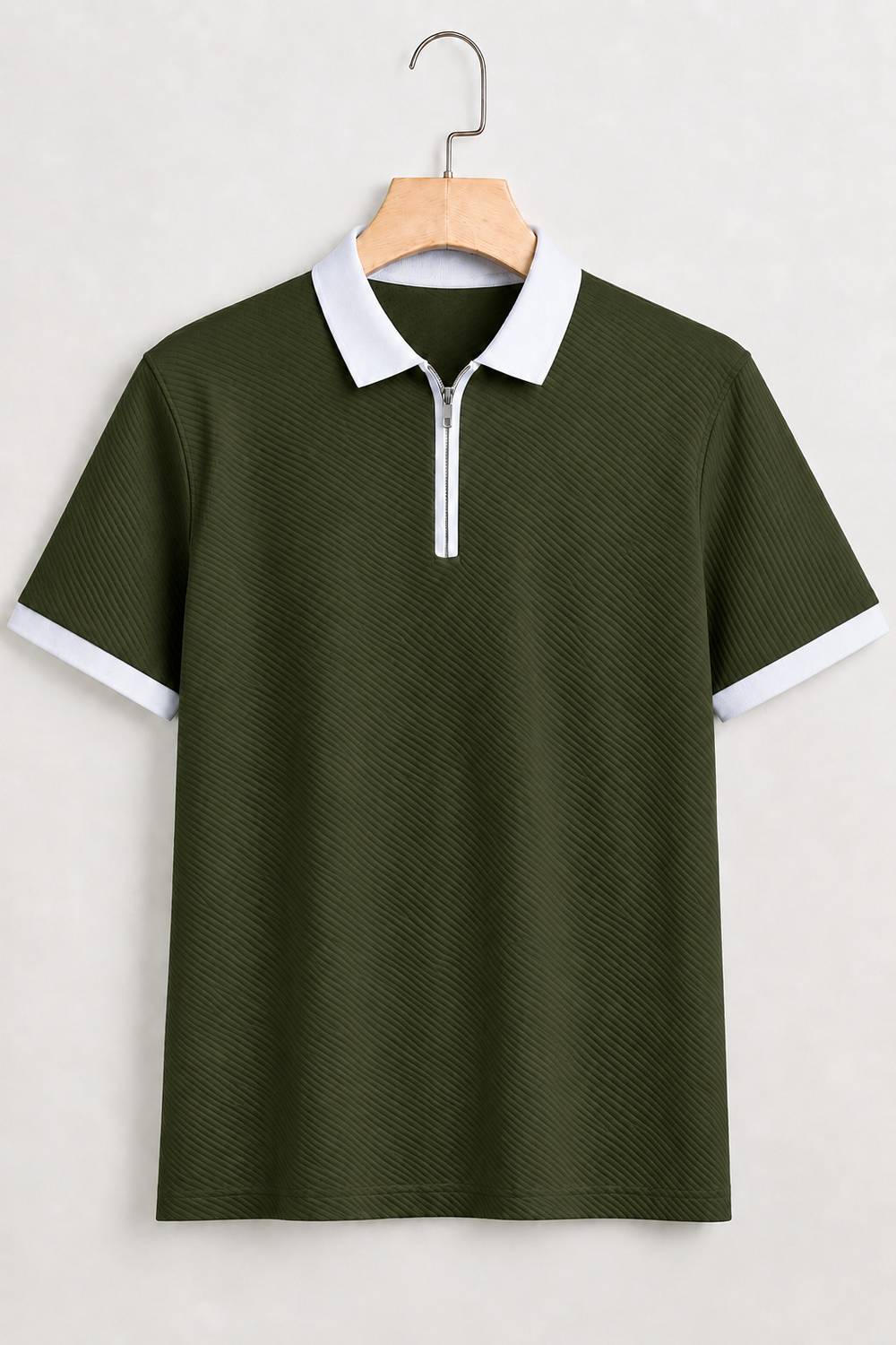 mozero Men Self Design Zip Neck Polycotton Dark Green T-Shirt