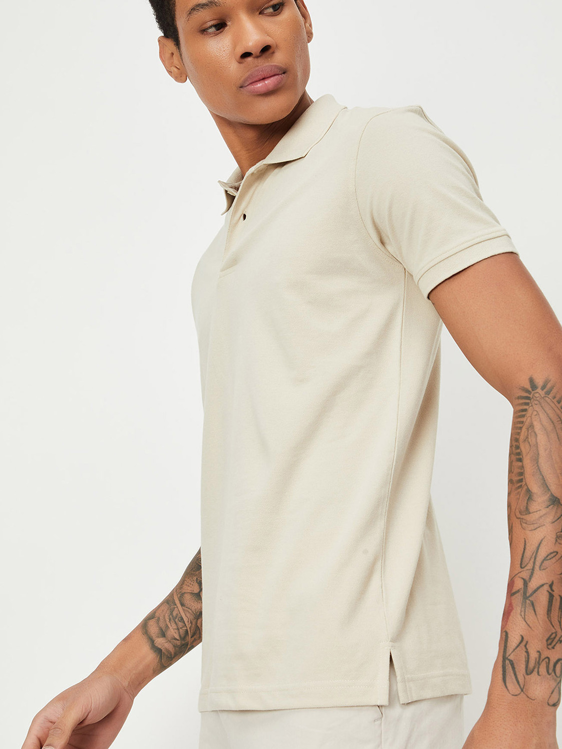 Image of MAX Self Design Men Polo Neck Beige T-Shirt