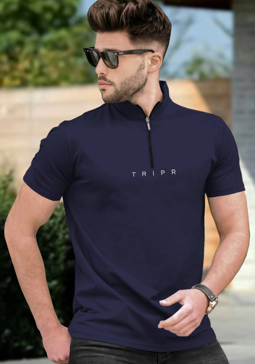 TRIPR Men Solid Henley Neck Cotton Blend Navy Blue T-Shirt