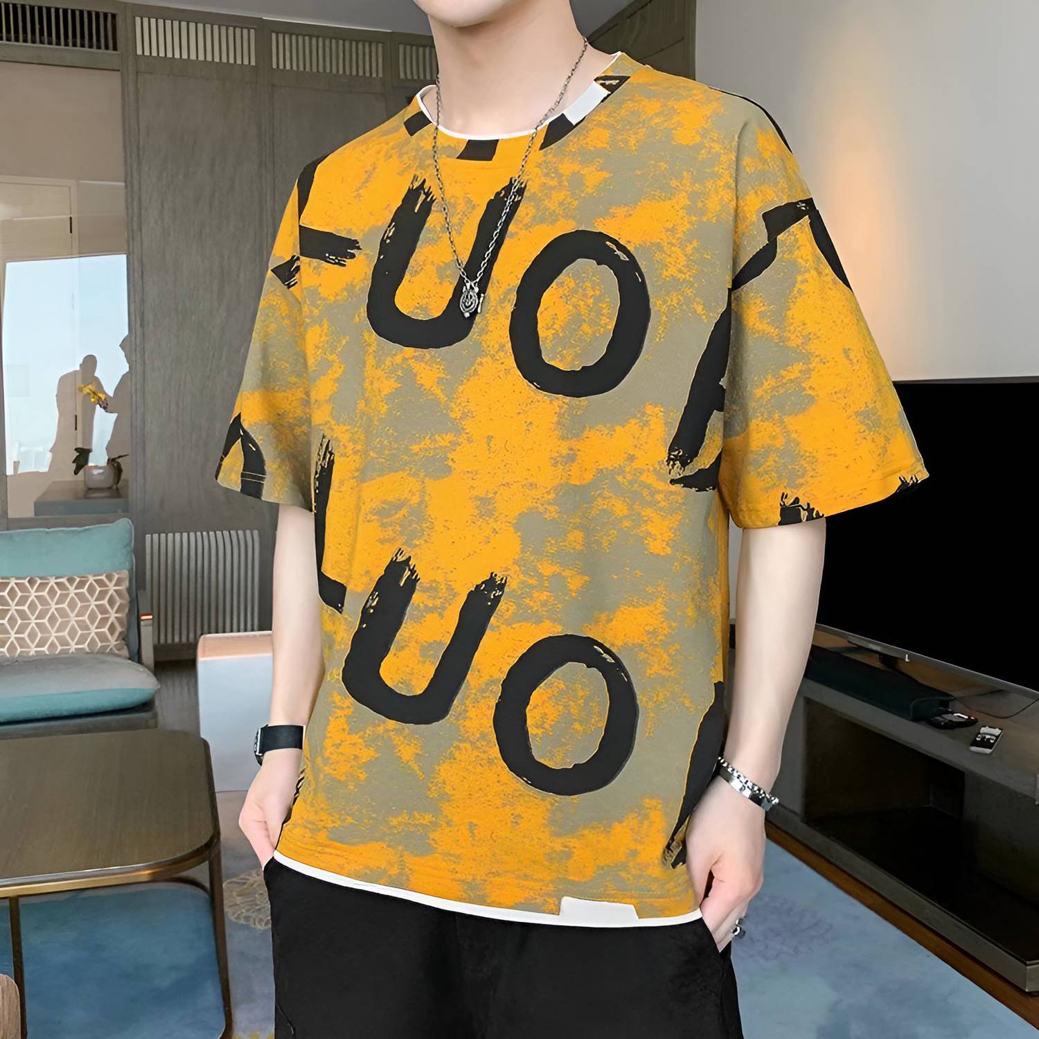 COTTONYMPERL Men Printed Round Neck Polyester Black T-Shirt